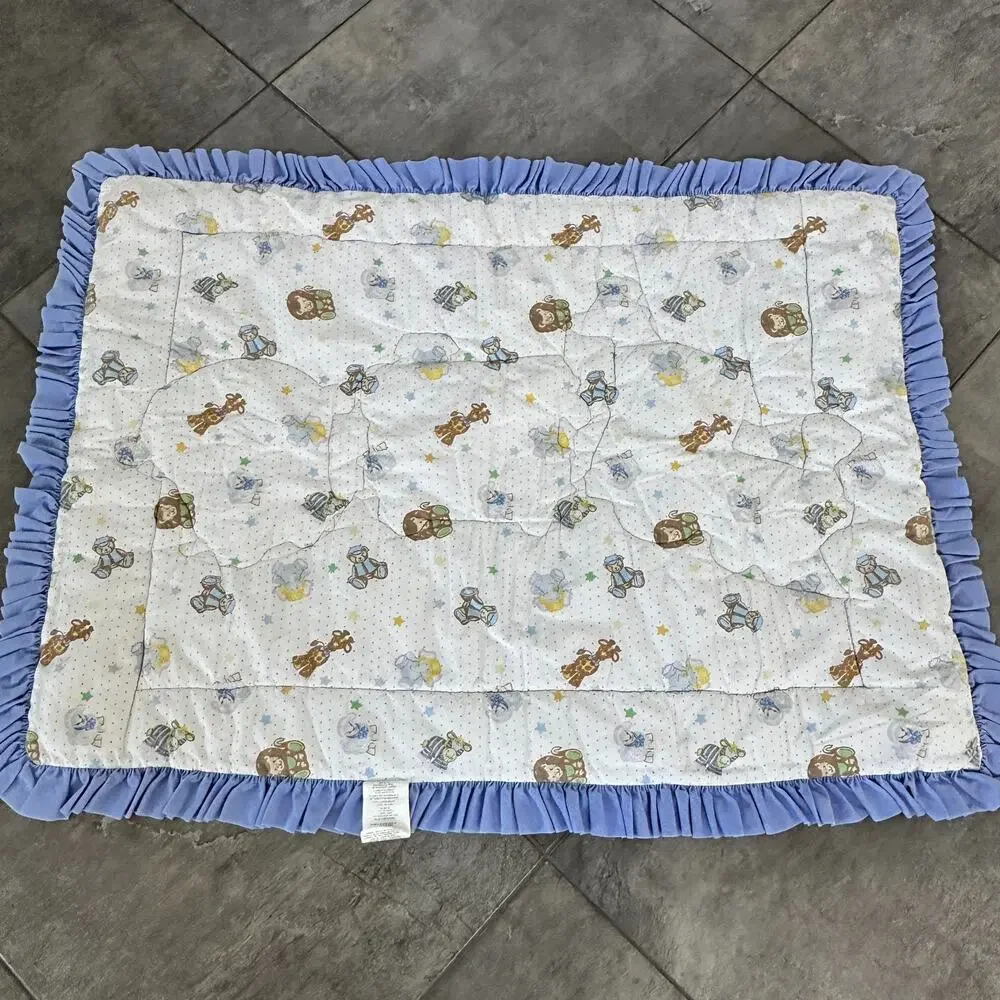 Baby Express Quilt Blanket Blue‎ Ruffle Patchwork Animals Train Nursery Decor